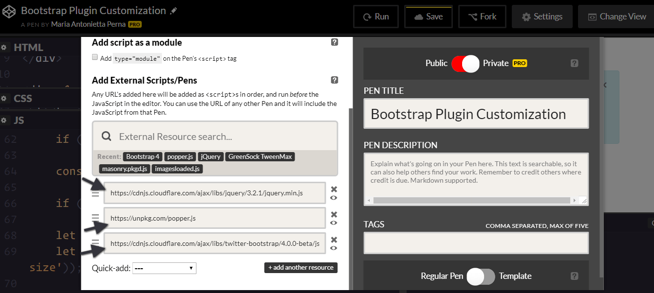 Bootstrap library and its dependencies pulled from a CodePen demo.