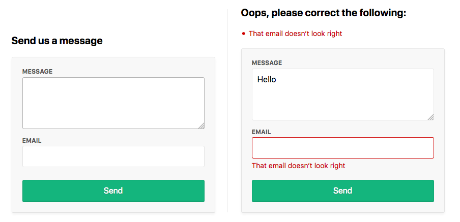 A contact form with email and message with validation errors