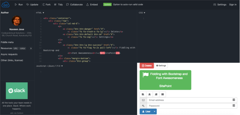 JSFiddle with Bootstrap and Font Awesome