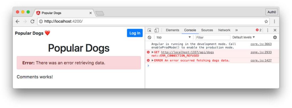 Angular app with Node.js API showing data error