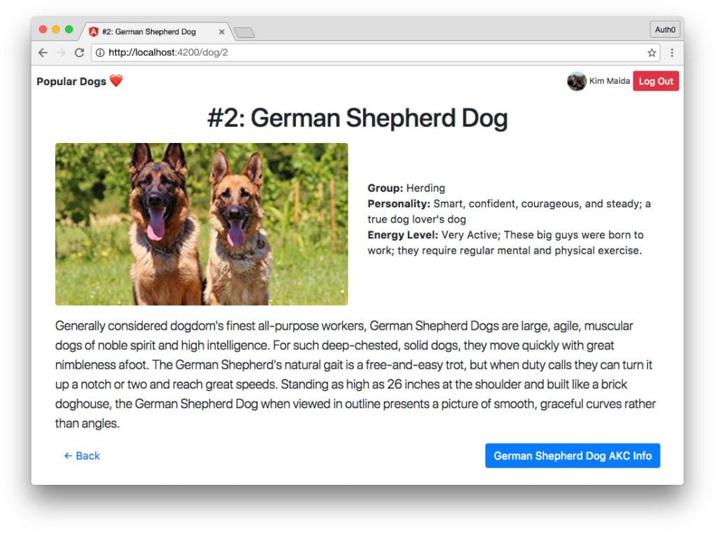 Angular app with async pipe and authentication - dog detail