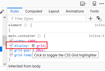 The grid property seen through Firefox's developer console