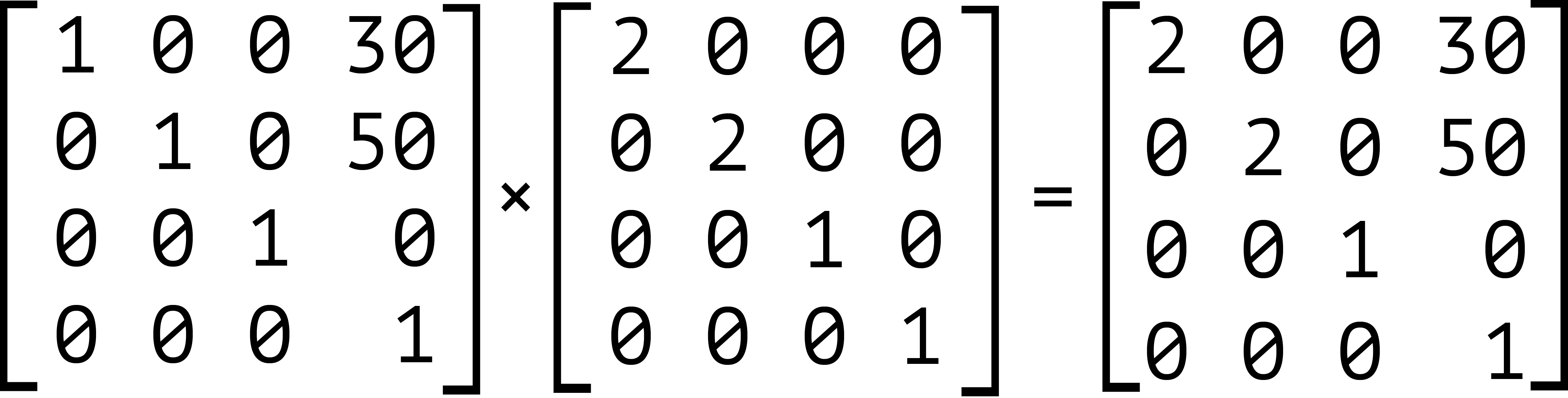 The product of the matrices for translate(30px, 50px) and scale(2)