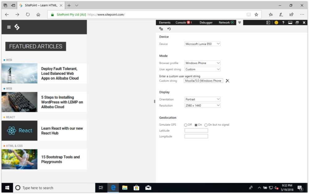 SitePoint.com using Microsoft Edge’s device emulation mode
