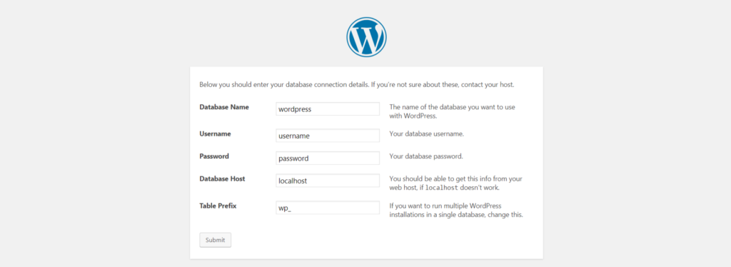 WordPress database defined during installation