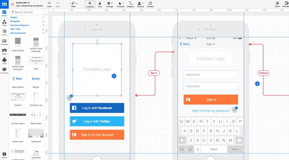 The Moqups interface