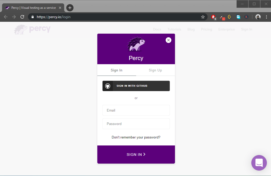 The Percy sign-up page