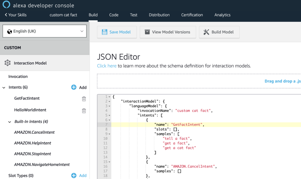 Edit intents in JSON editor