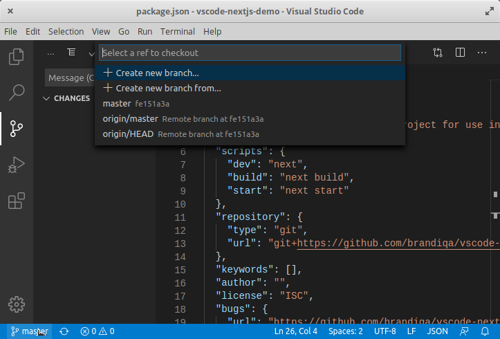 VS Code branch actions