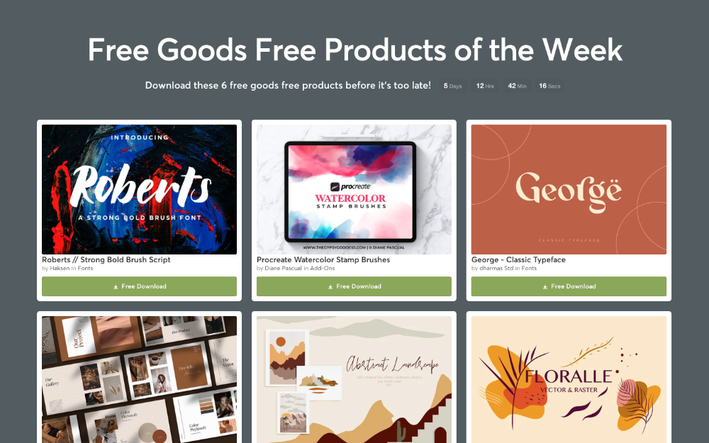 The Free Goods section of the Creative Market website