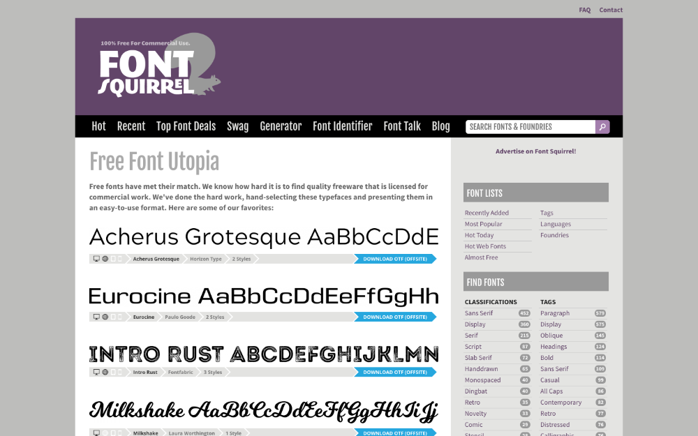 A screenshot from the Font Squirrel website