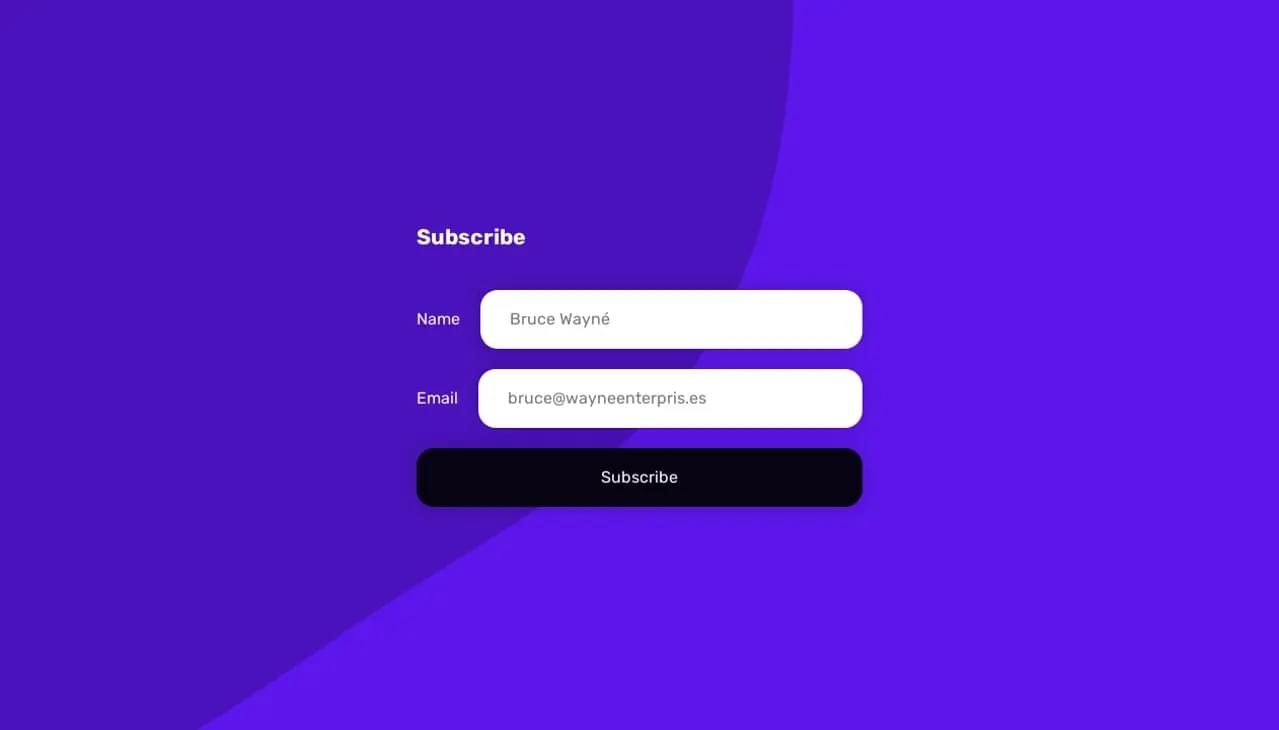 The form with placeholder text in form fields and a submit/subscribe button