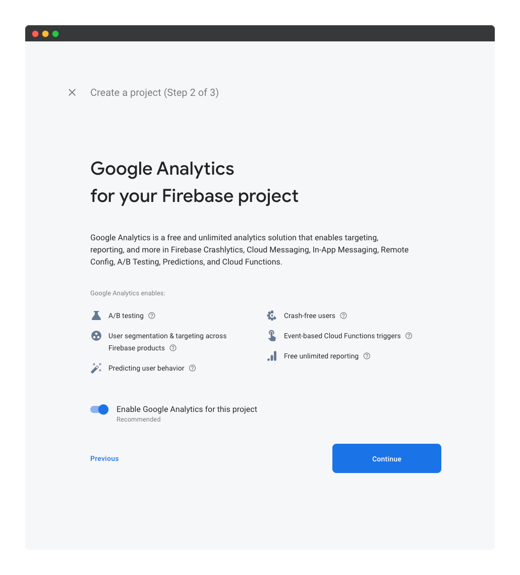 Step 2 of creating a Firebase project