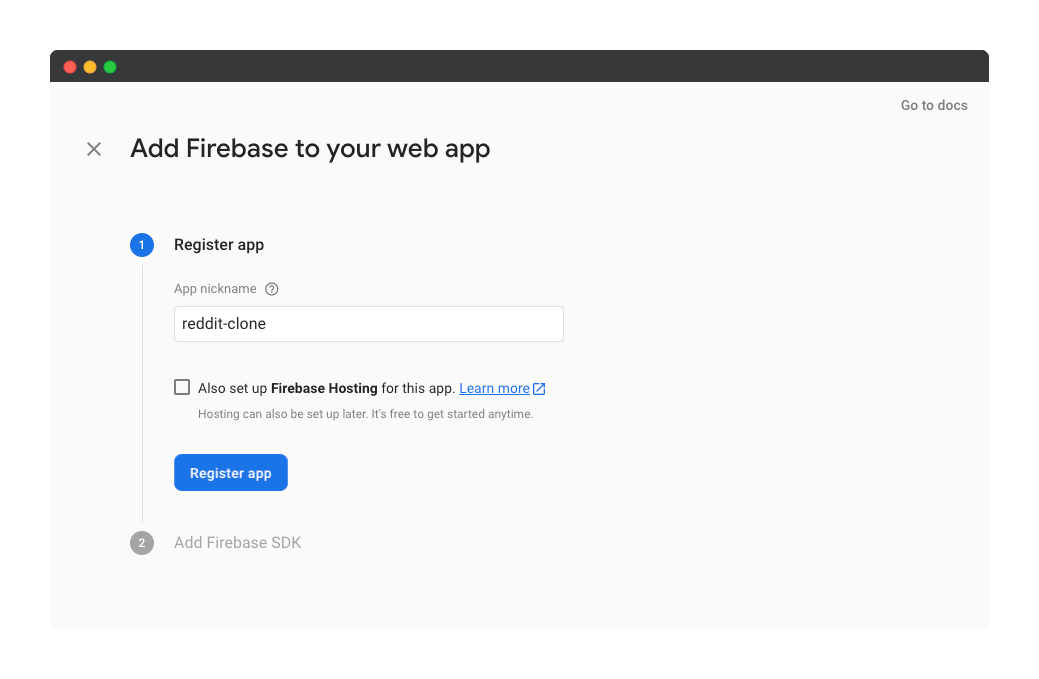 Creating a new Firebase web app: Step 2