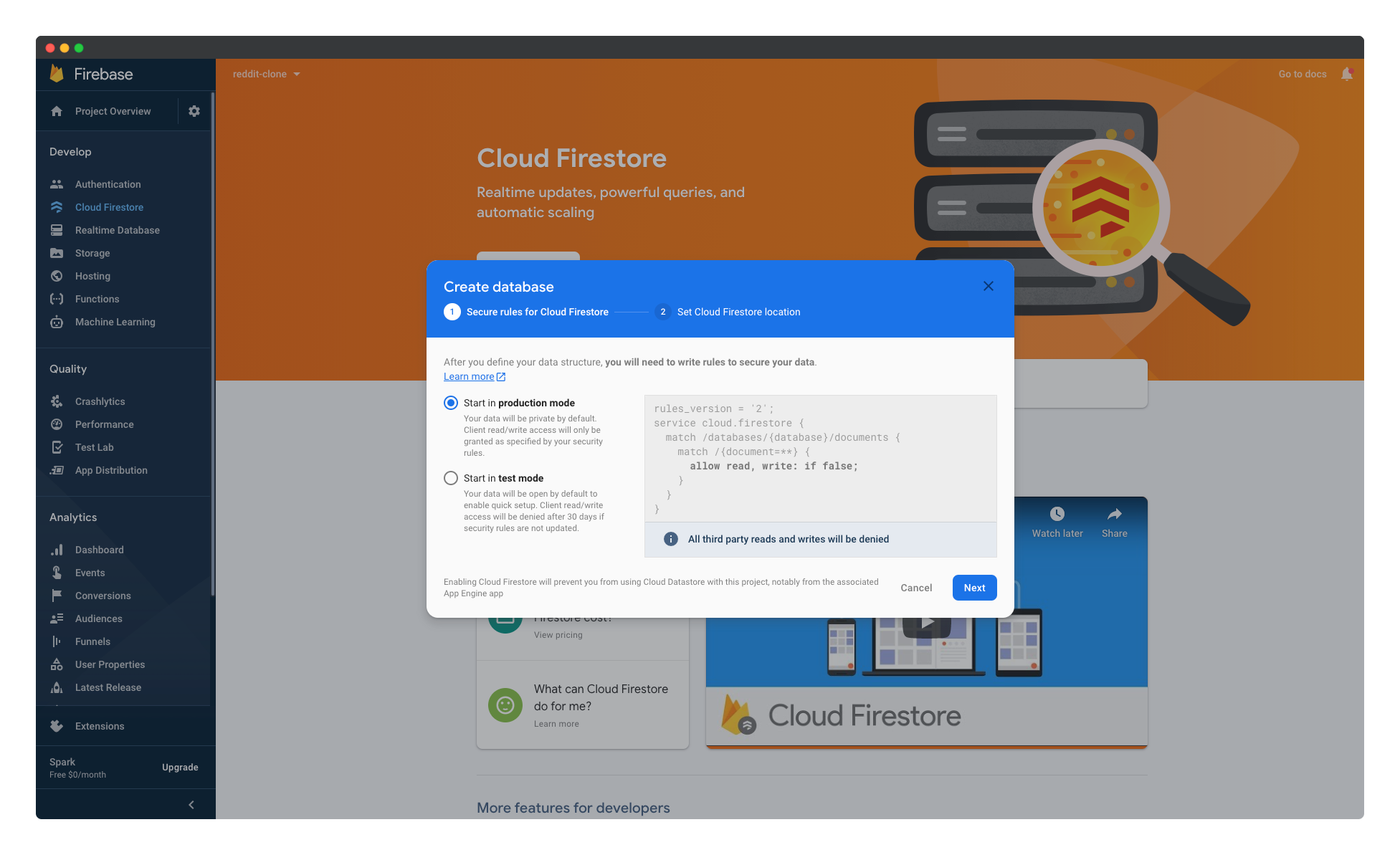 Selecting the option to start the Firebase Cloud Firestore in production mode