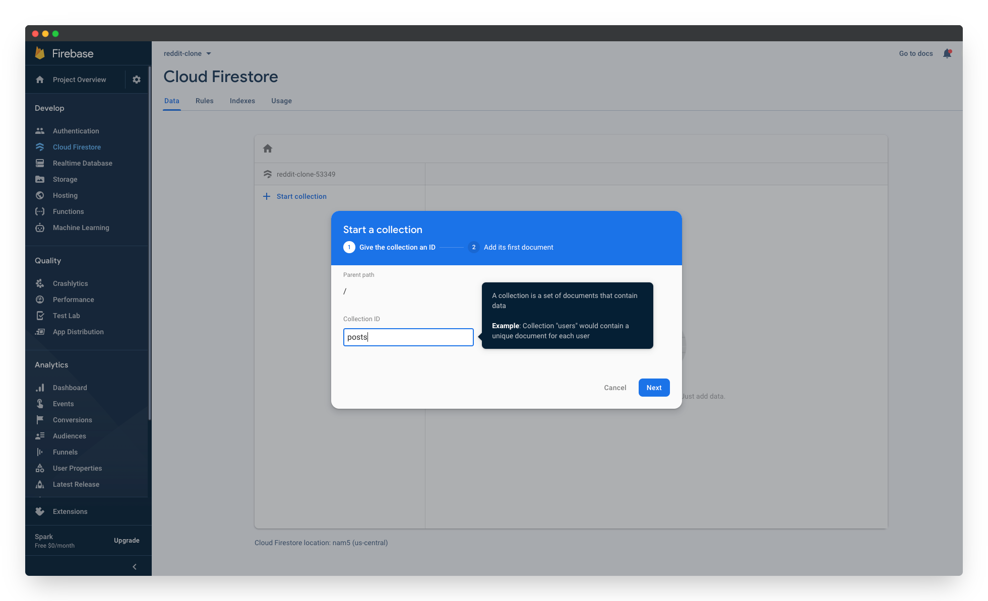 Adding a new collection to the Firebase Cloud Firestore:Step 2