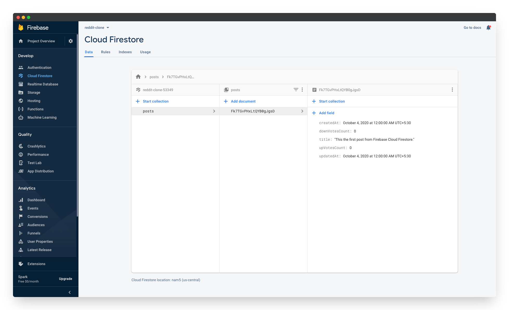 Adding a new collection to the Firebase Cloud Firestore:Step 9