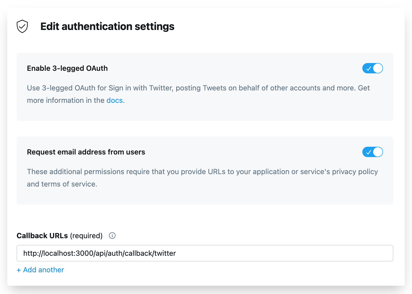 Edit the authentication settings of our Twitter app