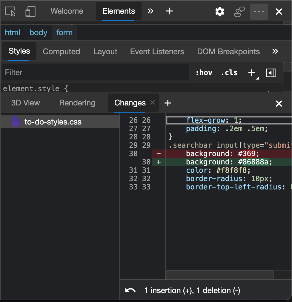 Tracked changes in the developer tools
