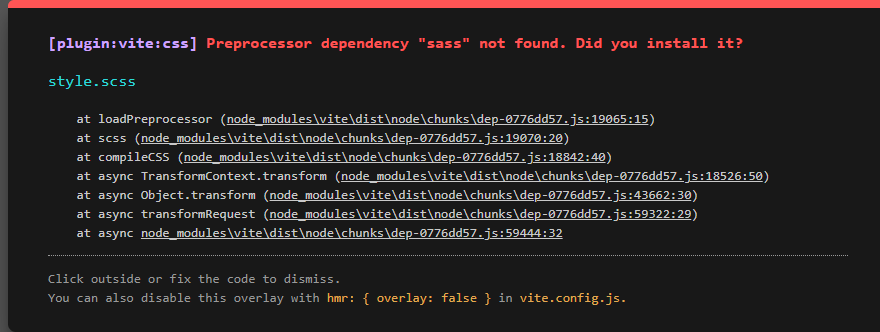 Error message: Internal server error: Preprocessor dependency “sass” not found. Did you install it?