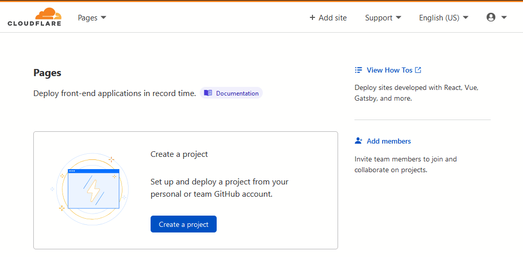 Cloudflare Pages start screen