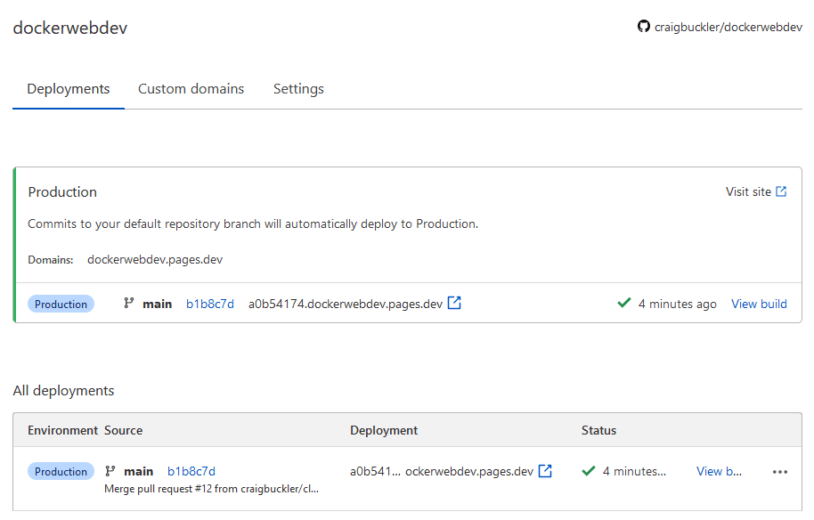 Cloudflare Pages summary screen