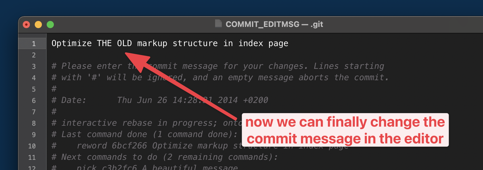 Editing the commit message in an editor window