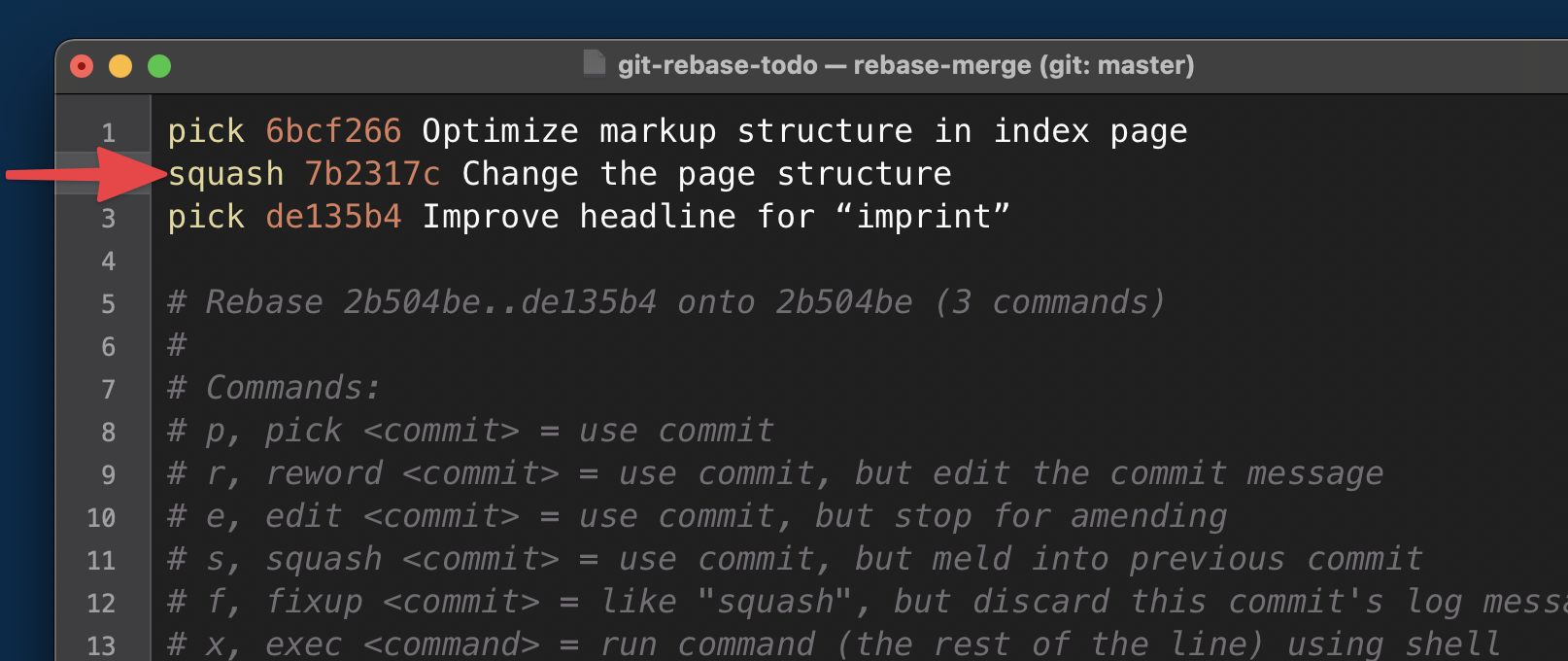 The editor window containing our range of commits