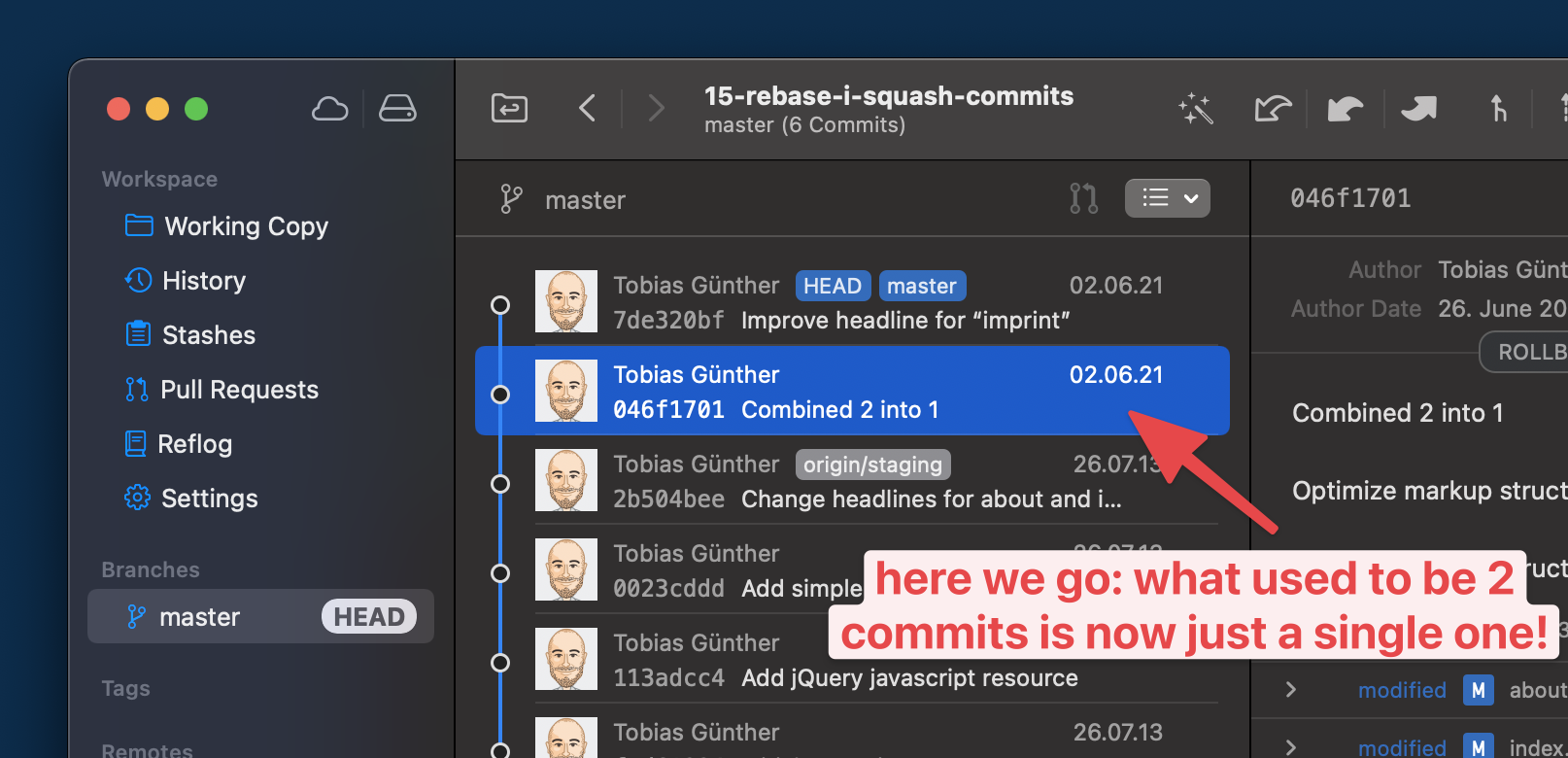 Finally, after closing the editor, we can see our commits have been combined