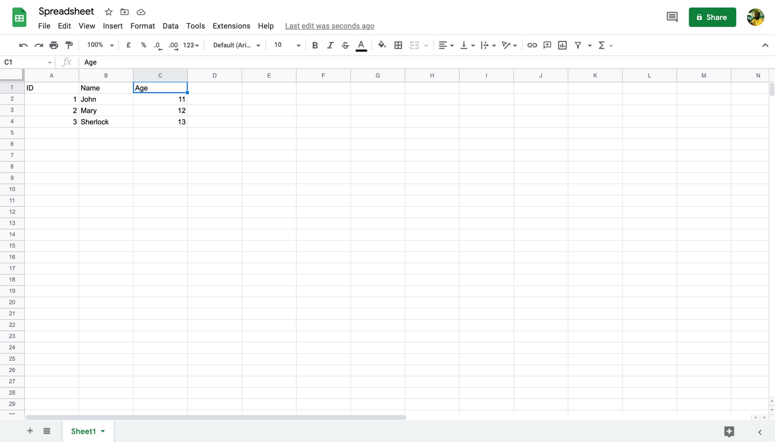 A spreadsheet