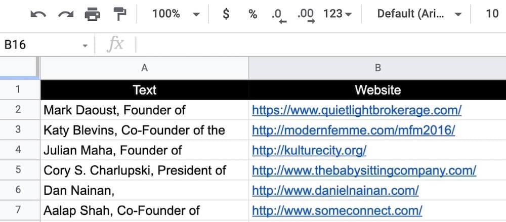 Experts names and websites added to Google Sheets