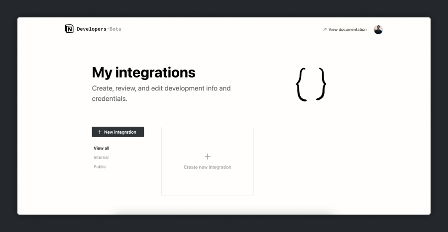 Notion API My Integrations page