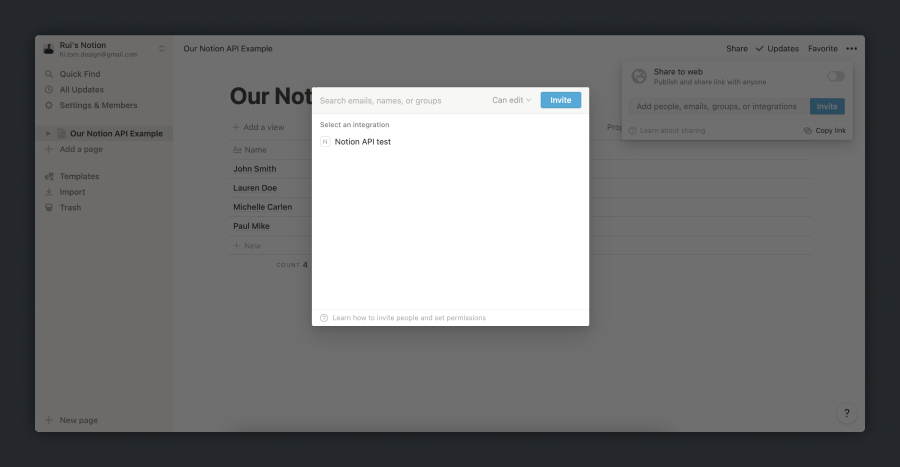 Notion workspace with modal for integration