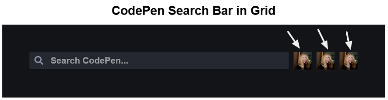 CodePen search bar redesign in Grid with extra elements added to its right