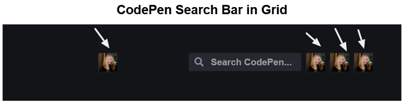 CodePen search bar redesign in Grid with extra elements added both to its left and its right