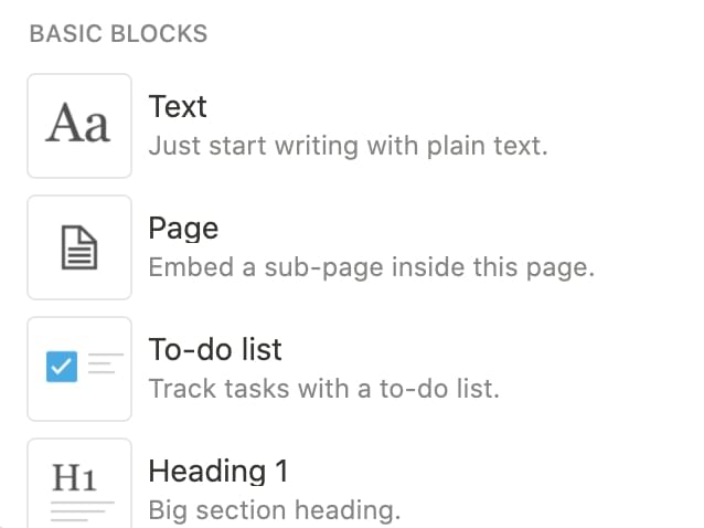 Basic block types, such as text, page, to-do list and headings
