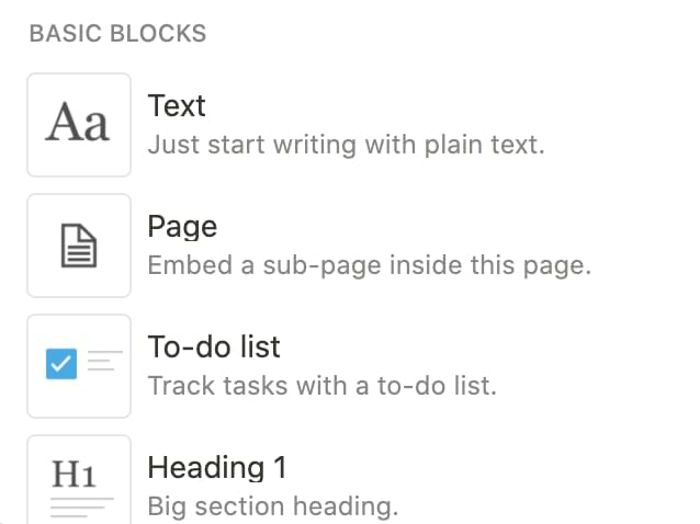 基本块类型，如文本、页面、待办事项列表和标题