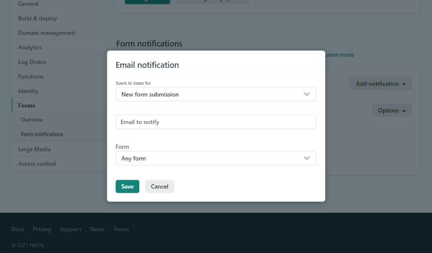 Form for receiving notification via email