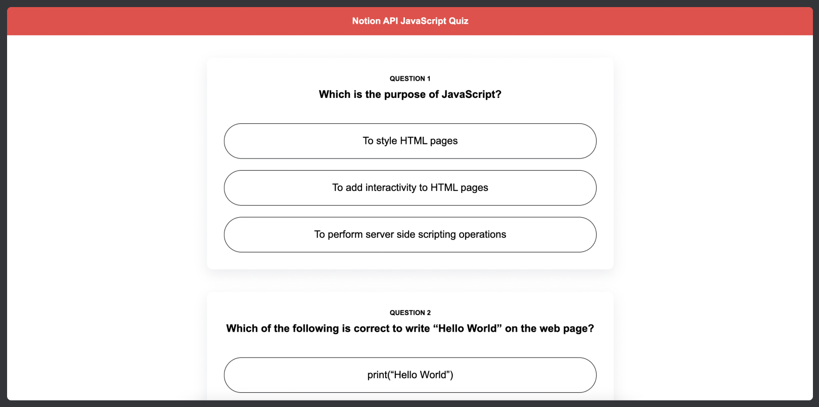 A partial view of our quiz with all the required elements in it