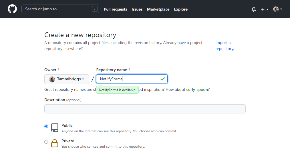 Create a new repository page on GitHub