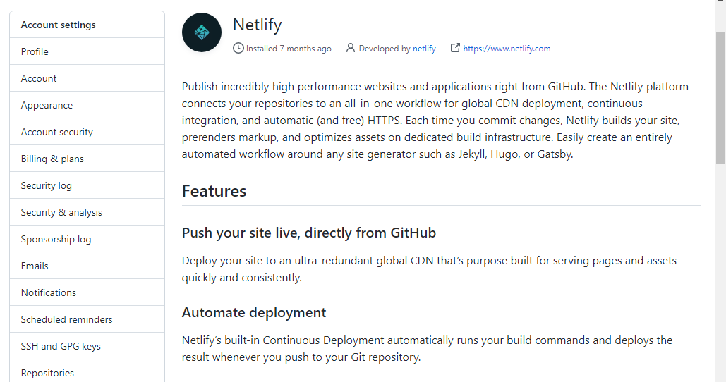 Configuration page for Netlify on GitHub