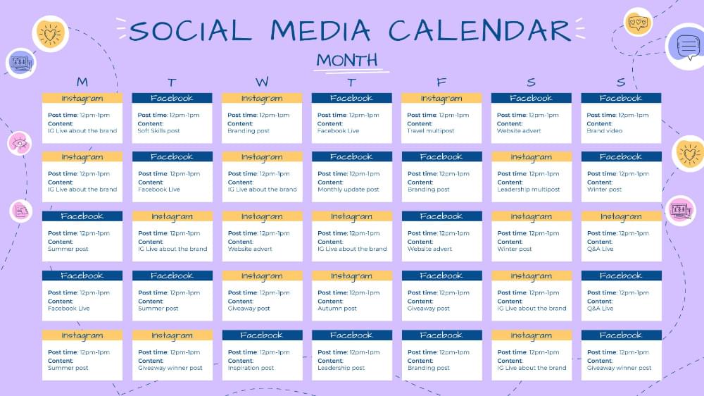 Social media posts calendar for scheduling content