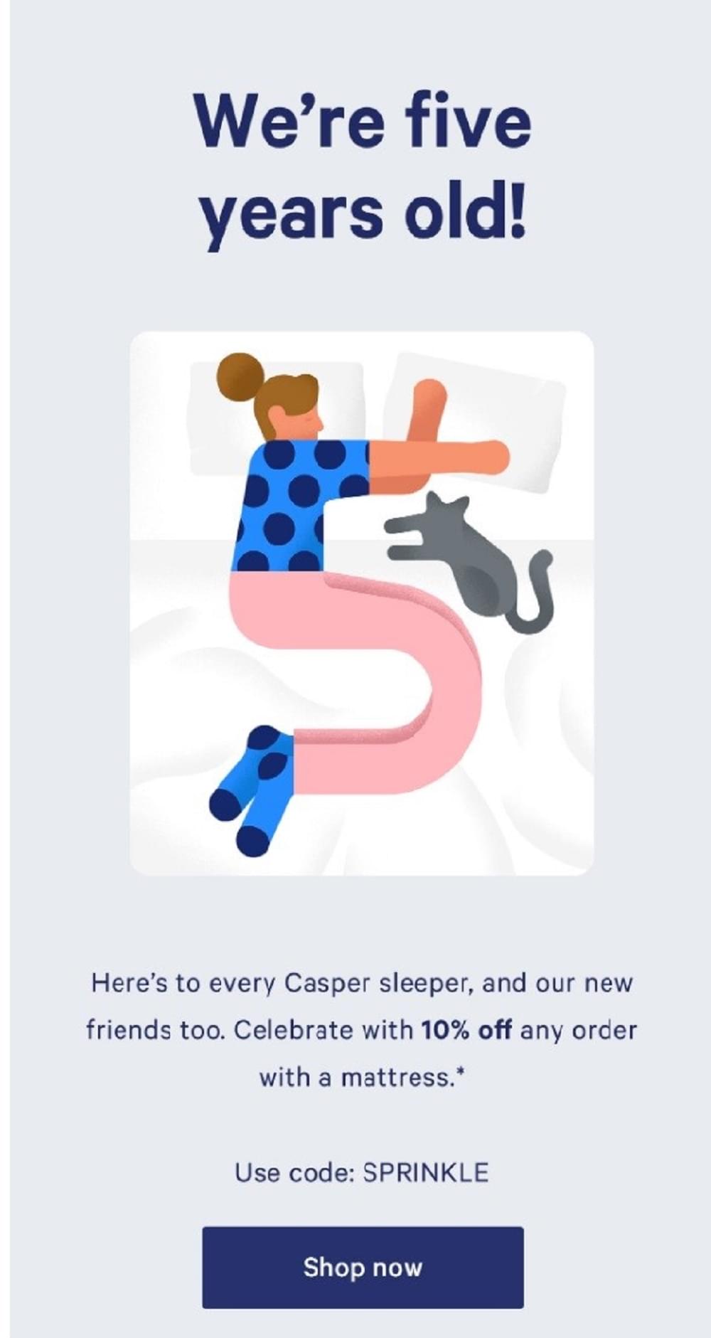 Corporate anniversary email by Casper: we're five years old