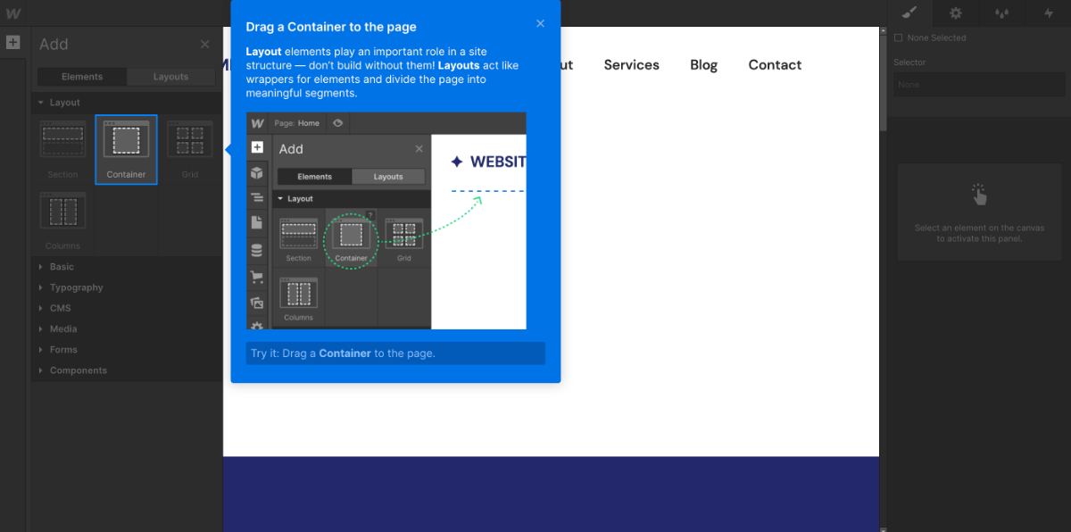 A UI panel showing the adding and configuring of layout components