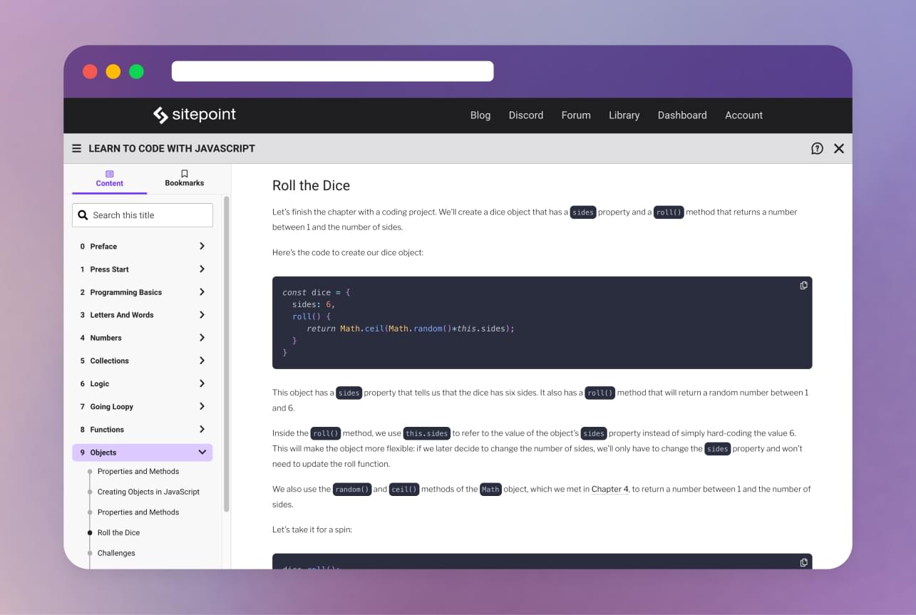 Learn to code with JavaScript in SitePoint Reader