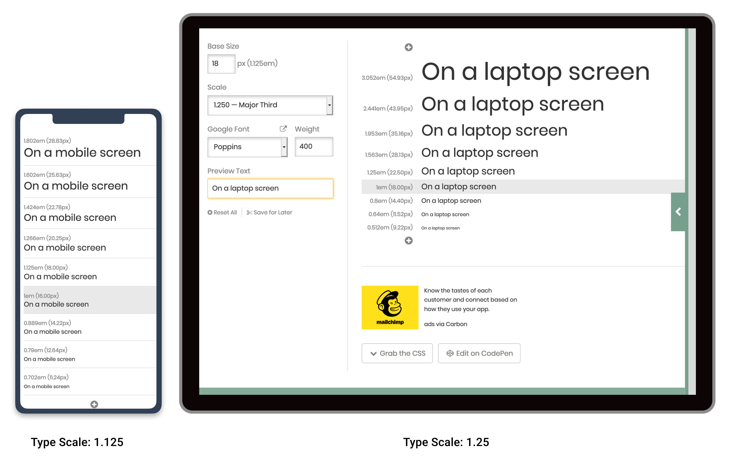 Type scales on mobile and tablet compared.