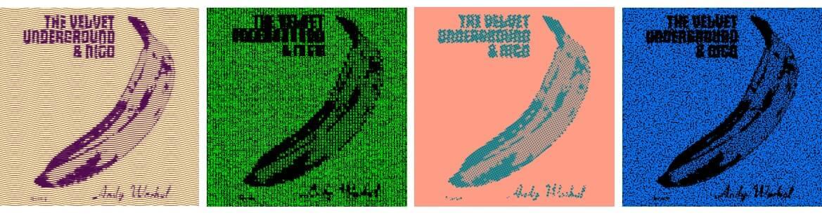 Four different halftone treatments applied to The Velvet Underground's Andy Warhol