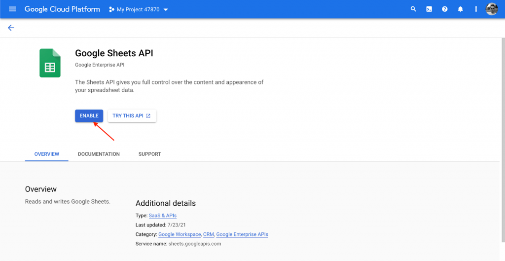 Enable Sheets API Screen
