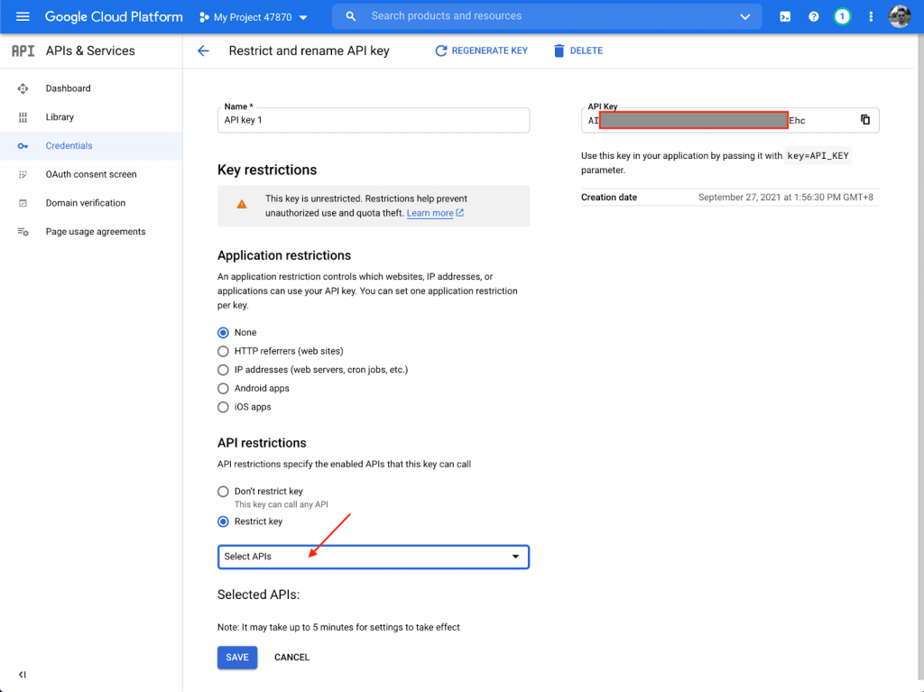 Restrict Key Google Sheets API screen