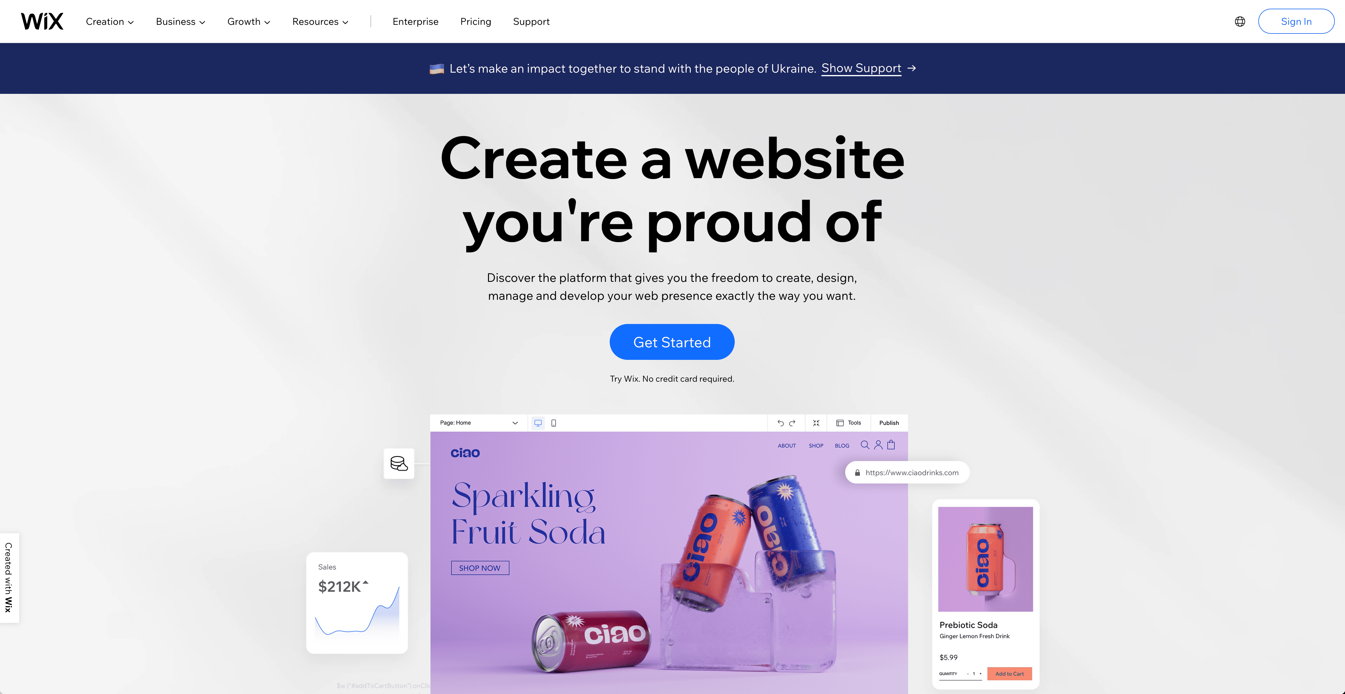 Wix home page, with their Get Started button to create a Wix account